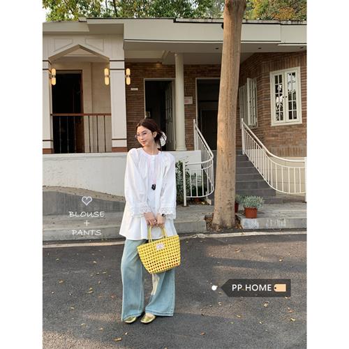 PPHOME韩chic蕾丝拼接圆领衬衫女春季白色设计感宽松独特别致上衣