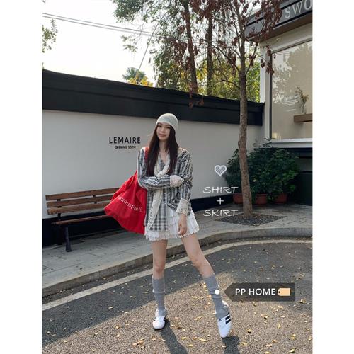 PPHOME韩chic蕾丝拼接格子衬衫上衣女春季白色蛋糕半身裙时尚套装