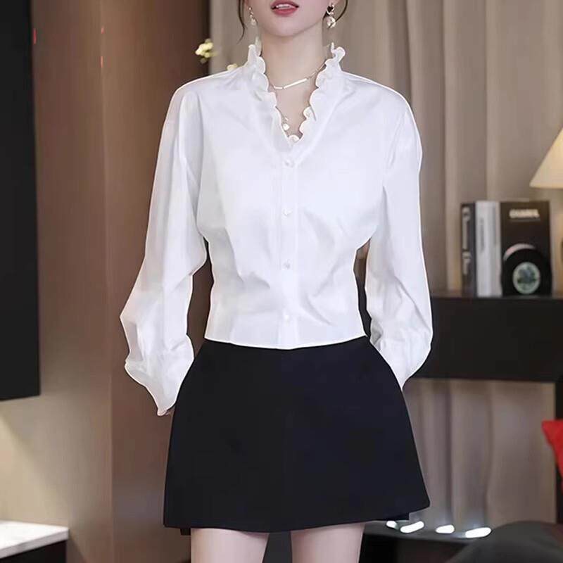 纯棉法式木耳边V领白色长袖衬衫女春季大码胖mm显瘦洋气百搭上衣