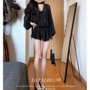 显瘦法式 连衣裙女夏季 气质收腰A字短裙子 黑色波点V领雪纺长袖 大码