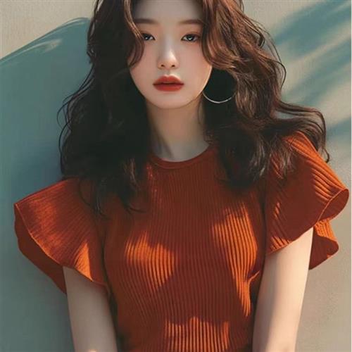 休闲收腰法式甜辣妹红色小飞短袖T恤女夏季小众独特别致绝美上衣
