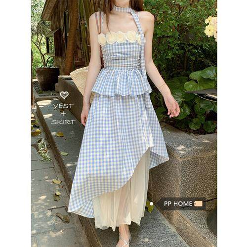 PPHOME法式荷叶边立体花朵抹胸上衣女夏季网纱格子半身裙温柔套装