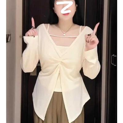 大码设计感防晒长袖T恤女夏季新款胖mm遮肚子款显瘦吊带上衣套装