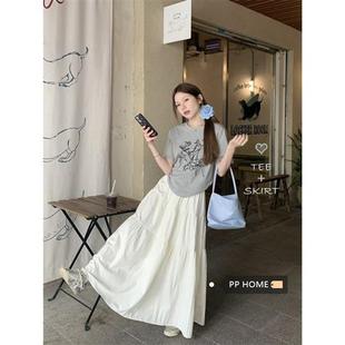 PPHOME纯氧少女 灰色蝴蝶结短袖 T恤上衣夏季 白色半身裙长裙子套装
