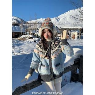 PPHOME自制~冬日初恋 粉蓝费尔岛毛衣外套冬季重工加厚宽松开衫女