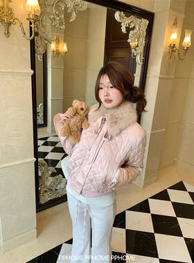 PPHOME自制~京都大小姐 版型巨显瘦缎面菱格棉服毛领可拆秋冬外套