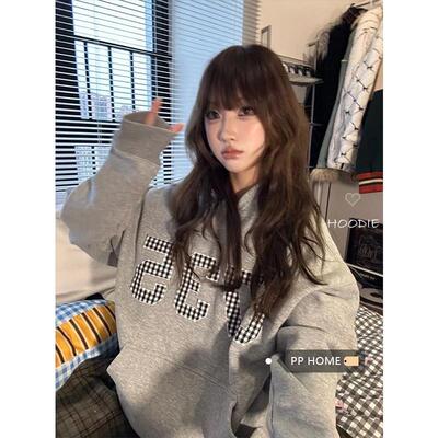 PPHOME灰色加绒连帽卫衣外套女秋季美式覆古慵懒宽松休闲套头上衣