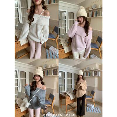 PPHOME自制~氛围美女 一字肩毛衣韩系秋冬宽松针织中长款露肩上衣