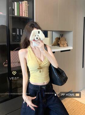 PPHOME纯欲辣妹交叉V领针织坑条挂脖吊带女夏季黄色修身短款上衣