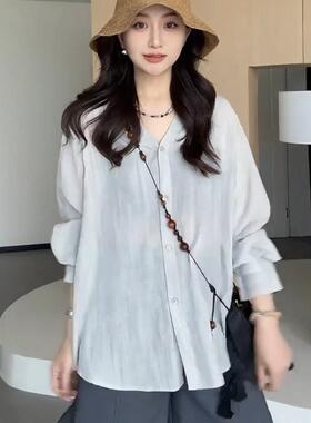 加码胖毫米韩国V领薄防晒长袖衬衫夹克女性夏季新宽松的肉覆盖开
