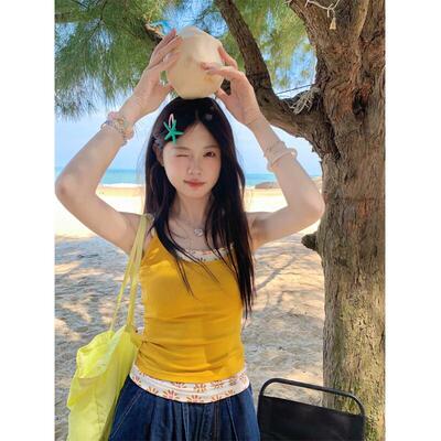 PPHOME假两件撞色拼接碎花吊带背心女夏季辣妹修身设计感外穿上衣