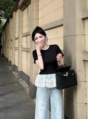 韩系极简白色短袖T恤女夏芭蕾风蕾丝屁帘拼接内搭叠穿打底衫上衣