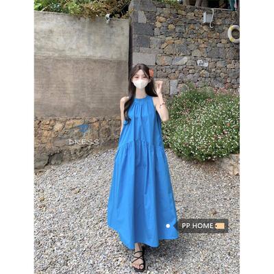 PPHOME多巴胺海边度假风挂脖吊带裙女夏季温柔宽松连衣裙气质长裙