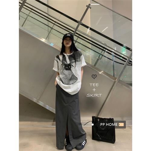 PPHOME美式复古小猫印花宽松短袖T恤女夏季开叉A字半身裙时尚套装