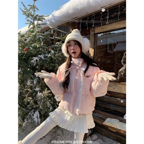 PPHOME自制~冰粉甜妹 蝴蝶结刺绣花边棉服外套冬季可爱粉色棉衣女