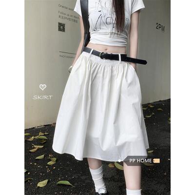 PPHOME学院风白色a字半身裙女夏季美式高腰气质伞裙小个子中长裙