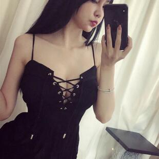 格格家网红主播性感带十字剪裁夜总会褶边吊带针织背心为妇女