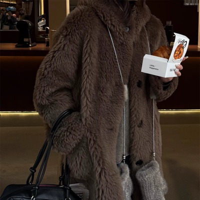 立领保暖两色中长款羊羔毛外套