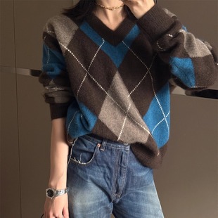 SHINE48小时退换  纯净高原牦牛绒  德国进口机织 撞色菱格毛衣
