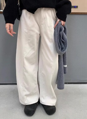 SHINE 冬季新品 立体中缝线 雪尼尔加绒 松紧腰三色直筒牛仔裤