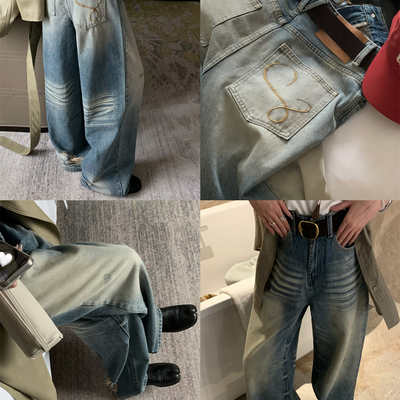 裤脚破洞磨白直筒牛仔裤
