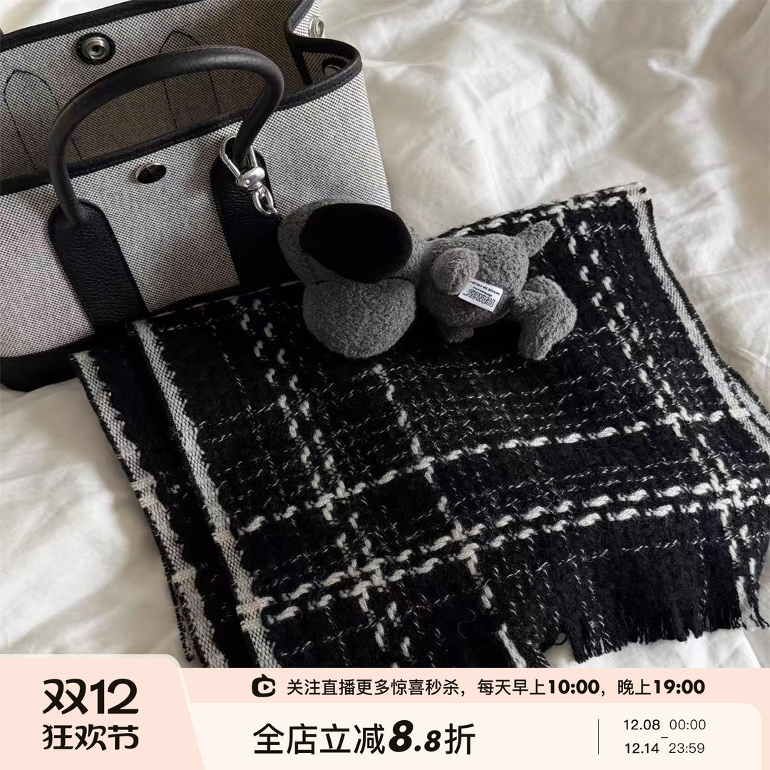 SHINE 秋季新品 经典小香风 100%羊毛 格纹拼色 保暖舒适针织围巾
