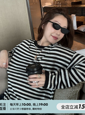 SHINE 不可机洗 松弛感 100%亚麻条纹 轻薄透气 两色针织衫T恤