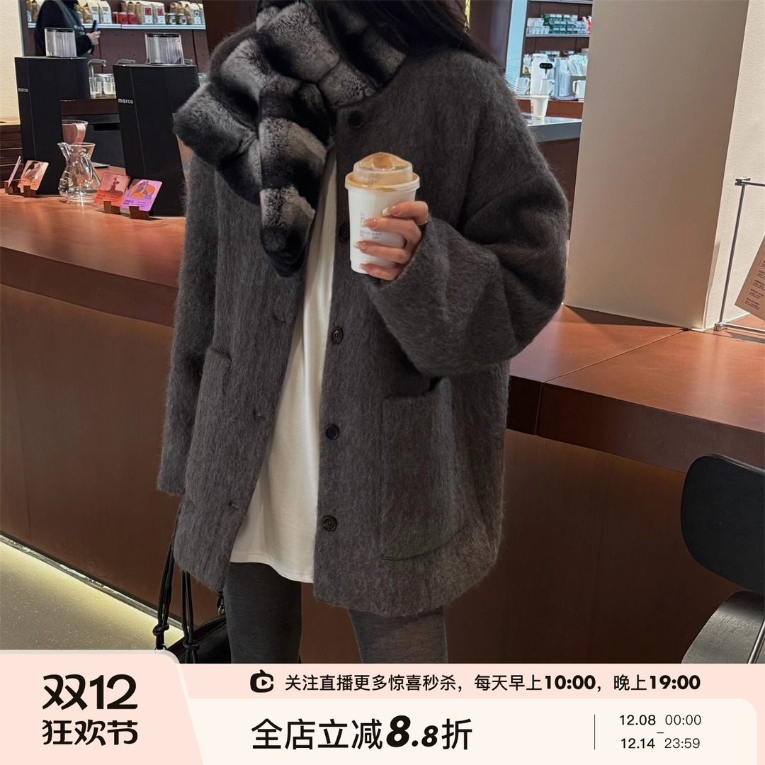 圆领单排扣羊毛大衣外套