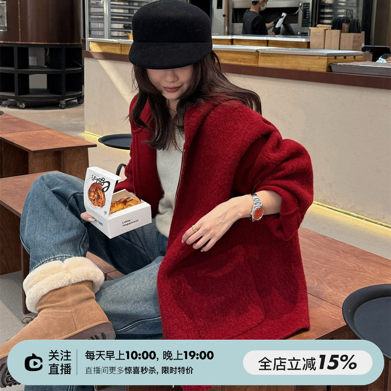 SHINE 韩国面料 节日氛围感 时髦慵懒 苏丽羊驼毛连帽大衣外套