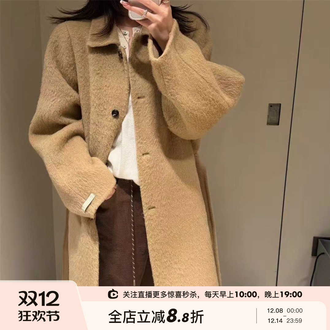 配腰带两色羊毛大衣外套