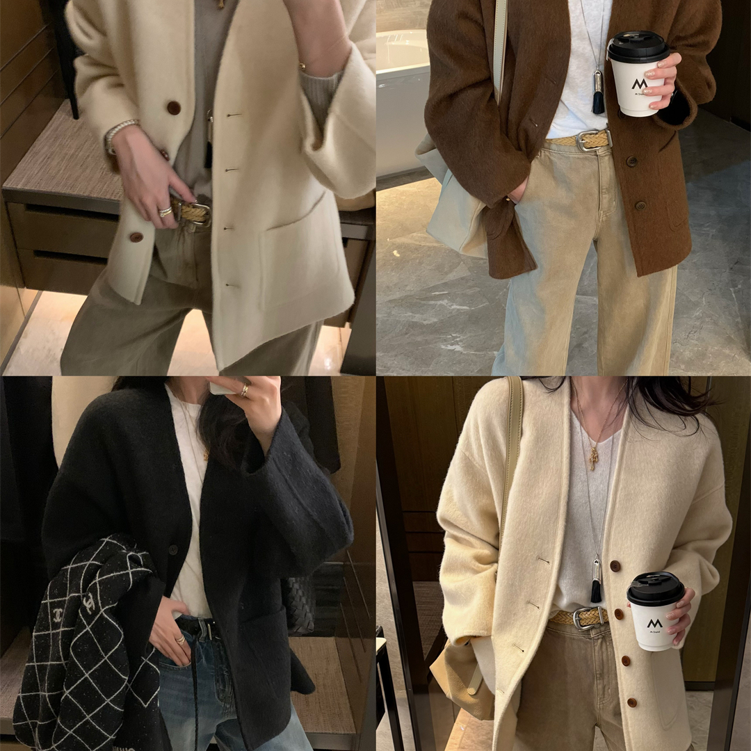 简约单排扣三色浣熊绒大衣外套