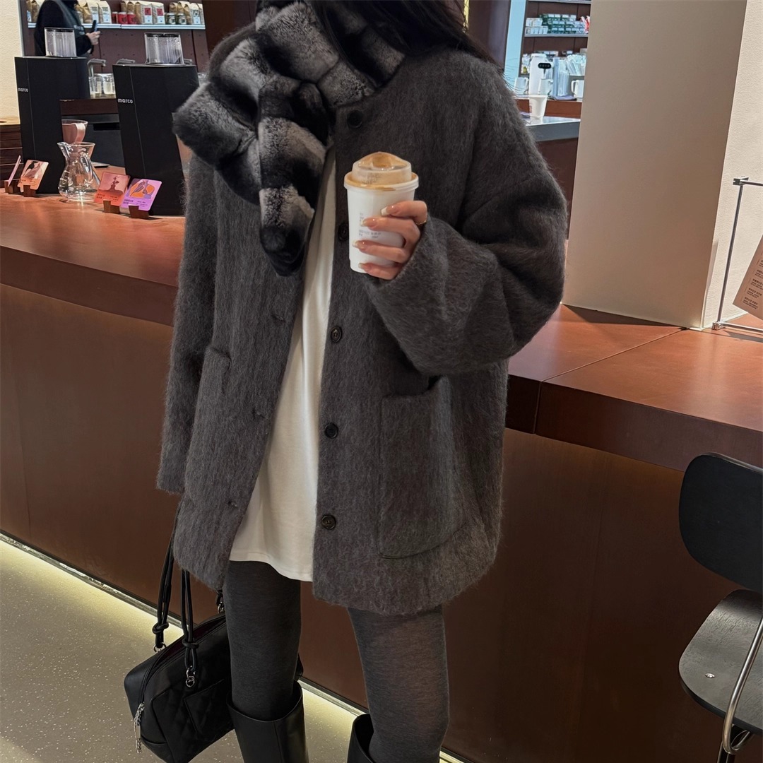 圆领单排扣羊毛大衣外套