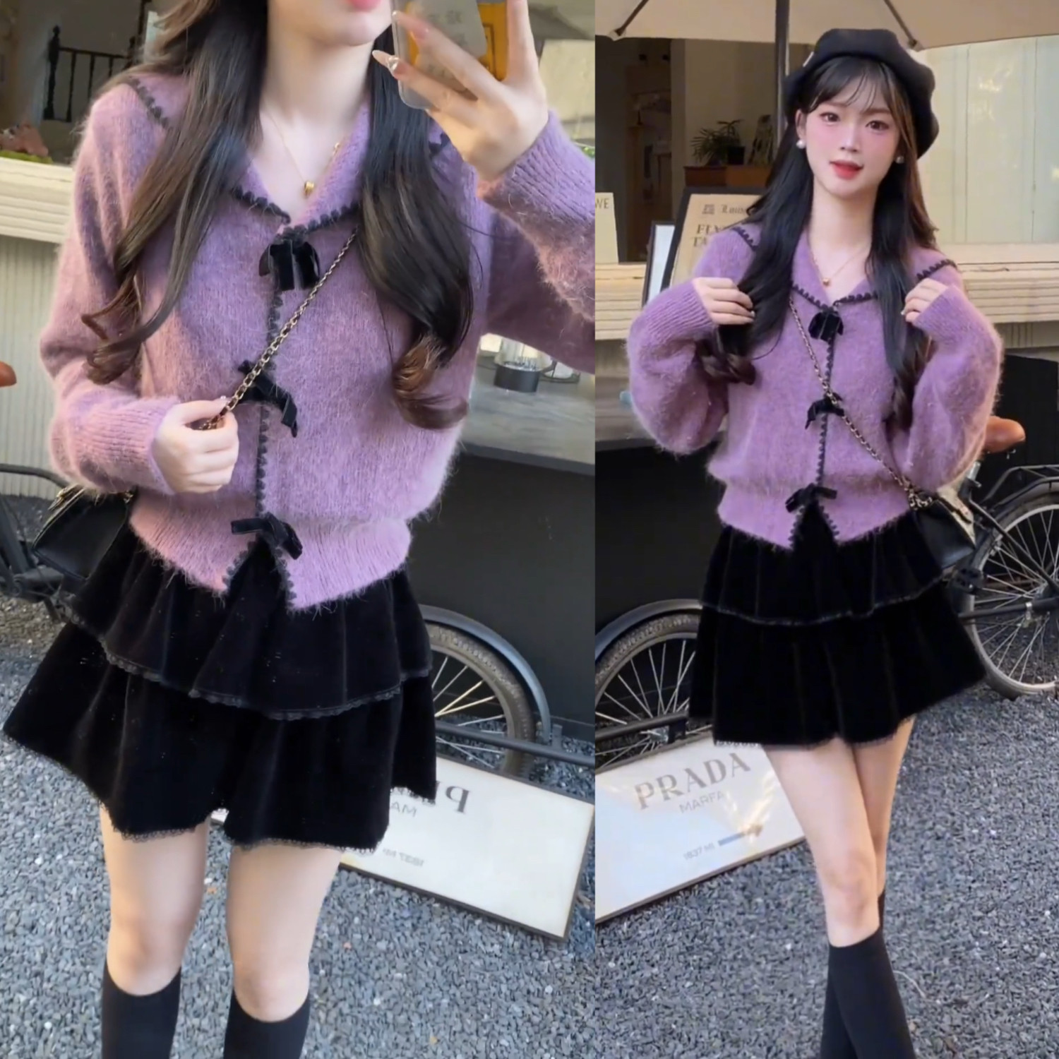 紫色毛衣针织开衫减龄俏皮小短裙时尚套装