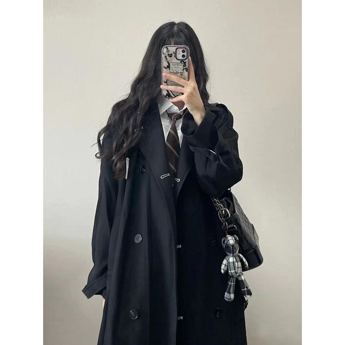 黑色风衣外套女中长款2025秋新款韩系赫本风巨好看穿搭大衣小个子