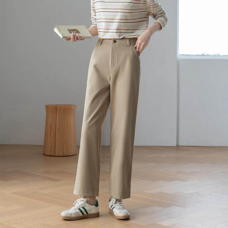 直筒女春秋新款韩版高腰卡其色微宽松法式阔腿裤抗皱休闲西装长裤