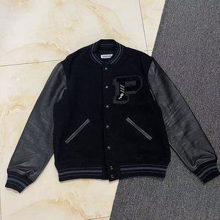 破锣牛皮袖男装皮衣棒球服立领真皮美式夹克外套保暖羊毛皮袖外套