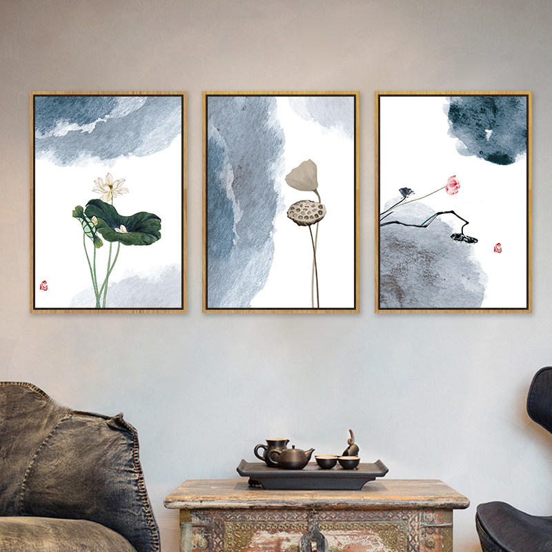 新中式蓝色水墨色彩色块莲花莲藕客厅装饰画三联画荷花挂画餐厅