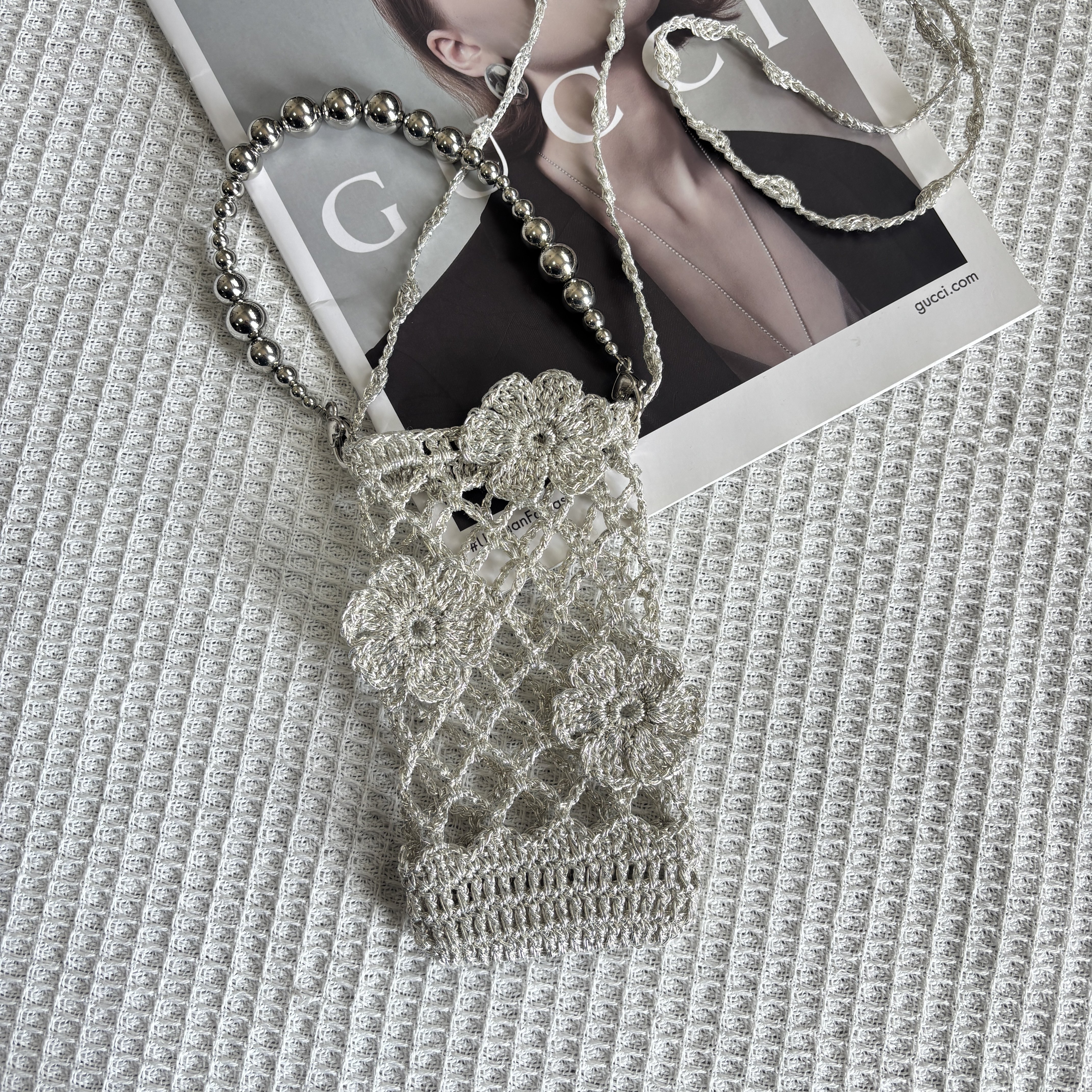 手作小织物fever同款月光银线钩织镂空手机包&花朵包单肩包手拎包