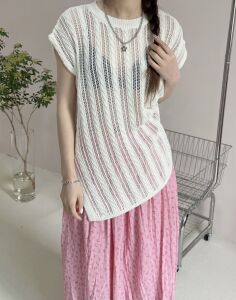 YZY 进口和纸纱清爽镂空麻花侧开叉不规则针织衫背心女无袖上衣夏