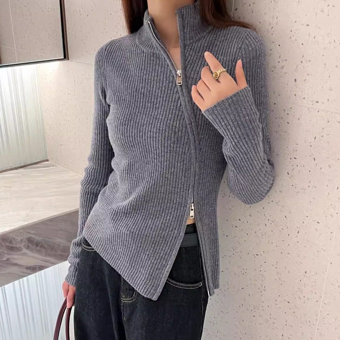YZY全羊毛复古安哥拉红双拉链斜门襟针织开衫女毛衣外套打底上衣