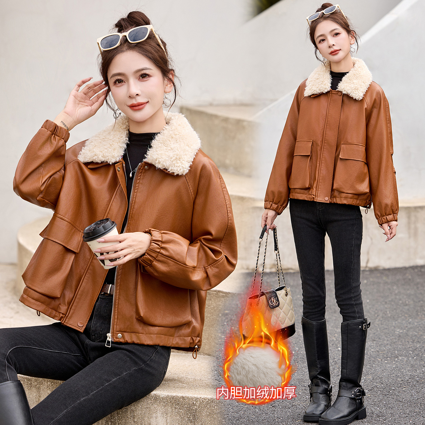 加绒加厚皮衣外套女短款时尚流行气质减龄带毛领保暖皮夹克