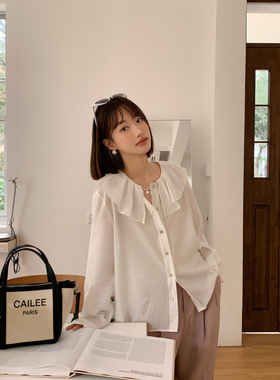 GINNKEE法式通勤荷叶边正肩薄款度假风灯笼长袖衬衫女2024年春款