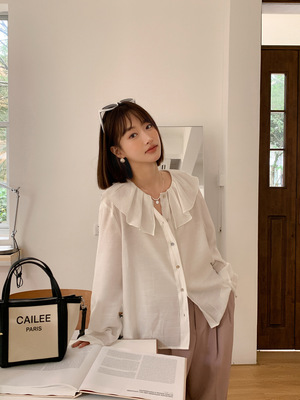 GINNKEE法式通勤荷叶边正肩薄款度假风灯笼长袖衬衫女2024年春款