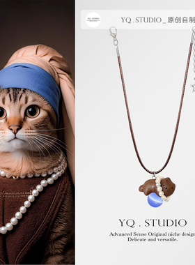 YQ.STUDIO哈基米！可爱枣木质猫咪施家珍珠围脖猫眼珠吊坠项链女