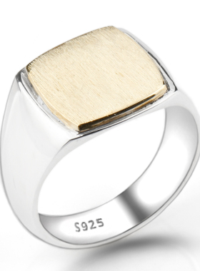 纯银方形实心霸气风拉丝单身戒