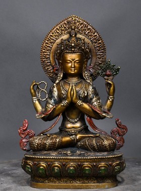铜器收藏黄铜纯铜彩绘鎏金四臂观音度母佛尼泊尔佛像密宗藏传观音