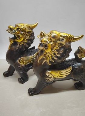 铜器收藏居家装饰礼品黄铜鎏金独角貔貅一对 古铜色鎏金飞天貔貅