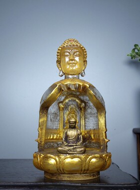 古玩文玩杂项收藏 旧藏古法琉璃鎏金佛龛 水晶如来佛祖释迦牟尼佛