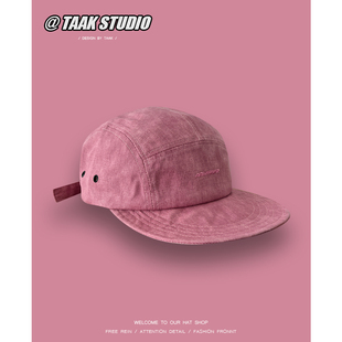 潮牌粉色工装 风五片鸭舌帽子女夏天港风复古街头字母平檐棒球帽男
