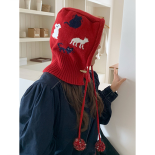 TAAK可爱小猫巴拉克法帽毛线帽子女冬天拉法帽套头帽显脸小针织帽